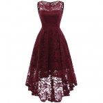 Transparent Scoop Neck High Low Full Lace Wine Red Cocktail Dress For Dancing